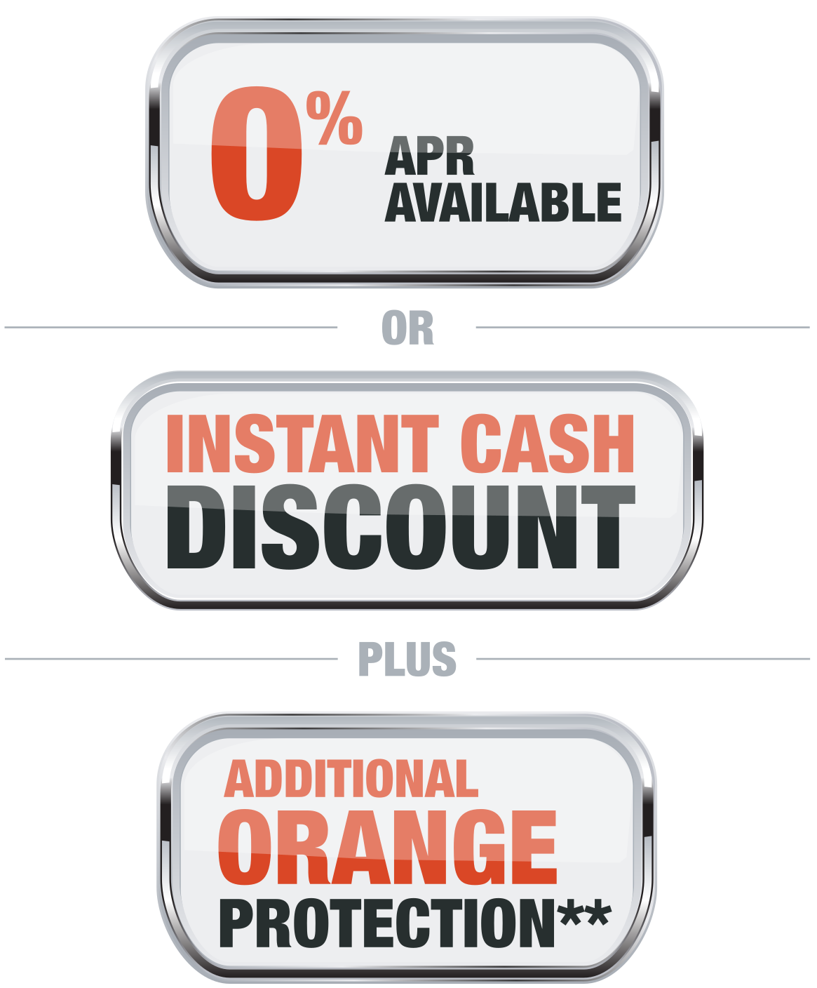 0% APR Available OR Instant Cash Discount PLUS Additional Orange Protection